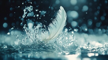 Poster - White feather splashing in clear water, creating a dynamic water droplet effect against a bokeh background.