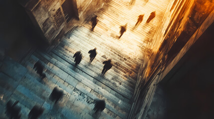 Wall Mural - blurred commuters descending granite steps in urban setting motion blur abstract top down view. [hol