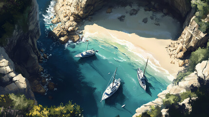 Wall Mural - breathtaking aerial view of a serene beach, crystal-clear waters, and anchored boats along stunning 