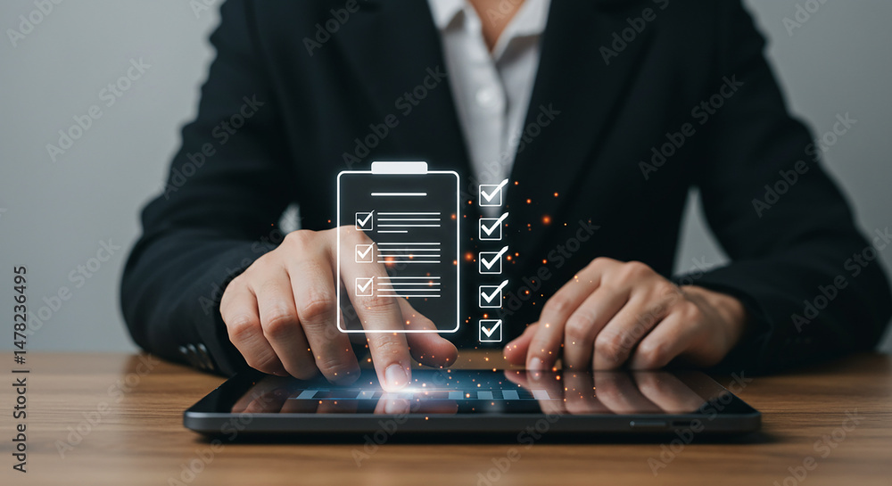 Person using tablet with digital checklist and checkmarks for business ...