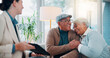 © peopleimages.com - Tablet, lawyer and senior couple in office, pension fund and retirement with savings, smile and congrats. Attorney, old man and happy elderly woman with embrace, tech and digital app with investments