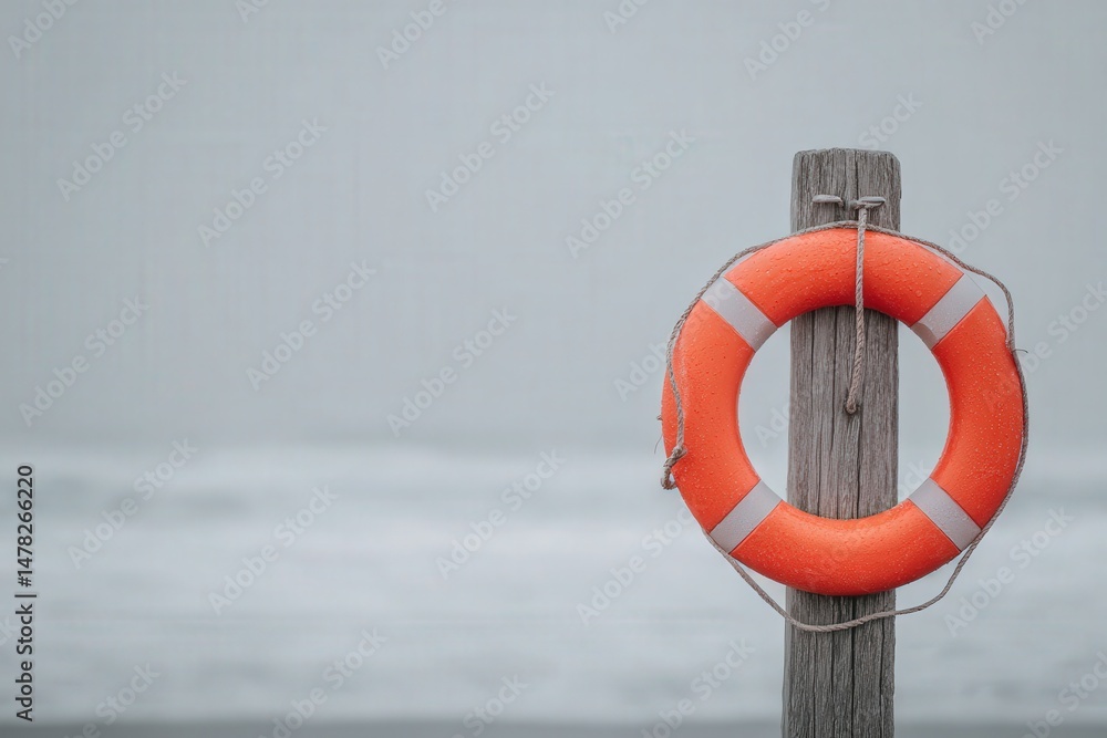 A bright orange lifebuoy hangs on a weathered wooden post at the edge of a tranquil beach. The ocean waves rest gently in the background, under a cloudy sky, creating a serene atmosphere.