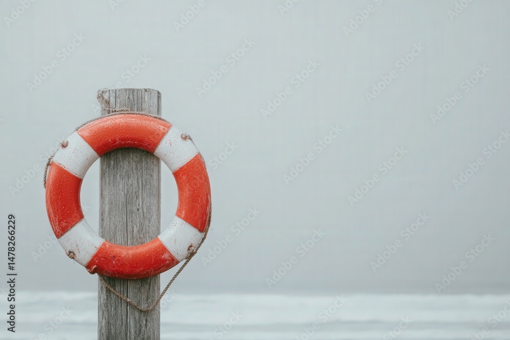 A bright orange and white lifebuoy hangs on a weathered wooden post by the ocean. The calm waters reflect the gray sky, creating a serene atmosphere on a cloudy day.