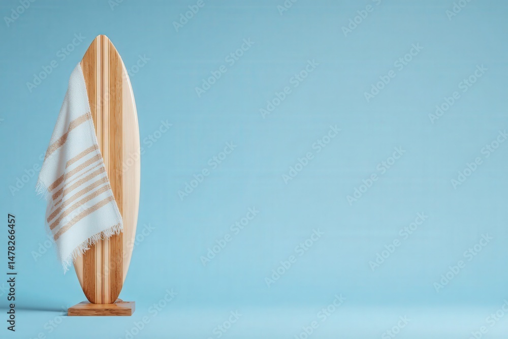A wooden surfboard stands upright on a simple base, draped with a softly colored towel. The smooth blue background creates a calming atmosphere, reminiscent of beach vacations and sunny days.