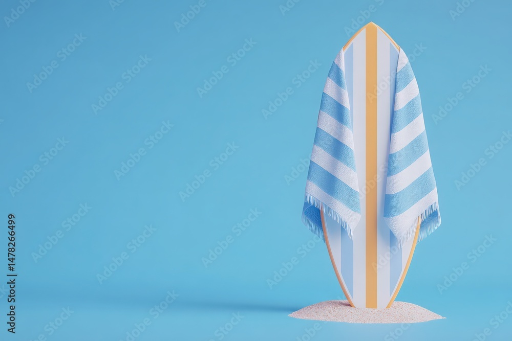 A vibrant surfboard stands upright, covered with a striped towel, against a clear blue backdrop. The scene evokes a relaxed beach atmosphere, inviting thoughts of summer surf sessions.