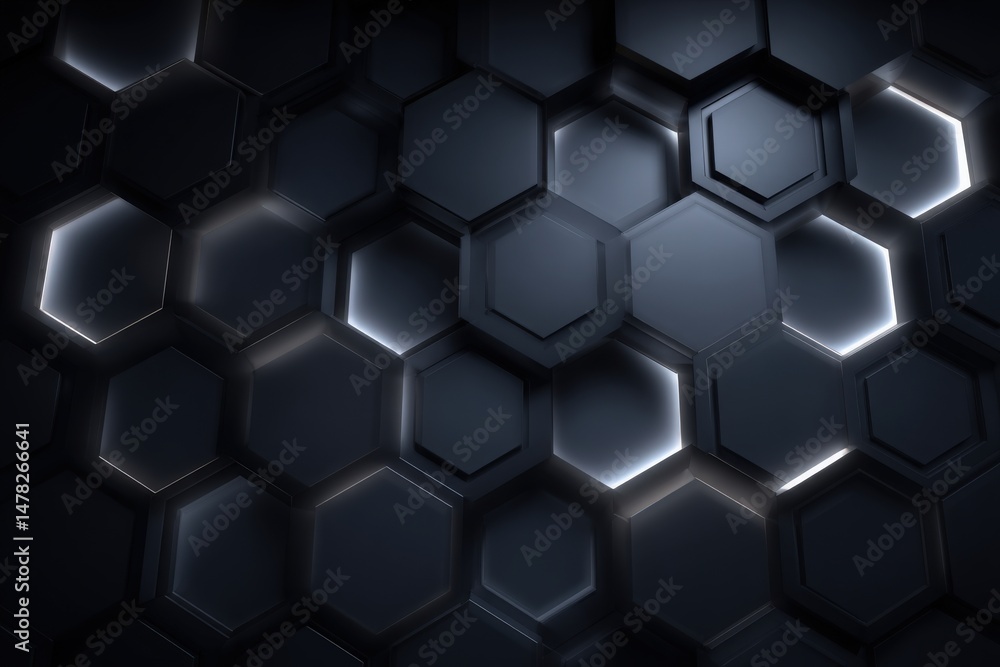 A dark hexagonal pattern fills the space, featuring dimly lit edges that create a sophisticated and modern aesthetic. The design highlights geometric shapes and contrasts well with shadows.