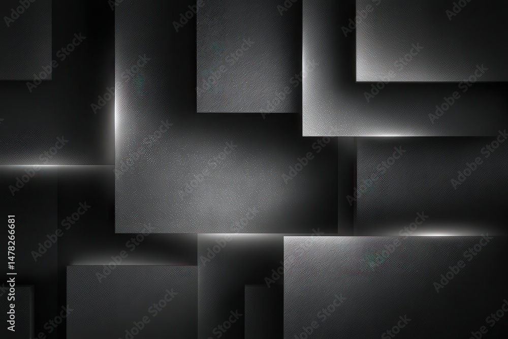 Dark geometric shapes interlock to create a striking abstract design. Soft lighting highlights edges, enhancing depth and texture, producing a modern artistic atmosphere.