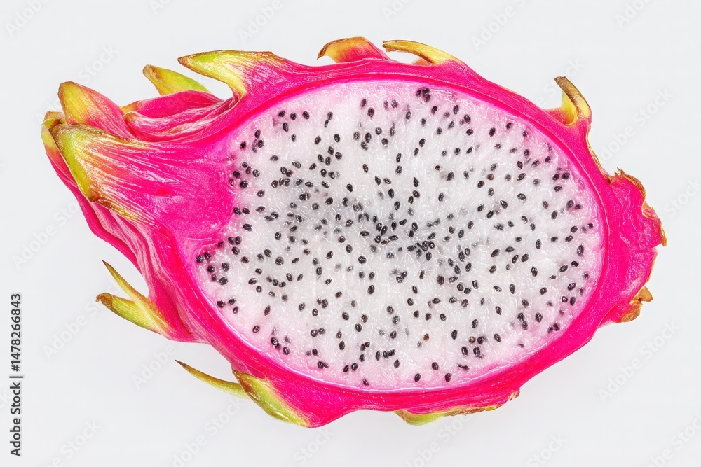 This vibrant dragon fruit is sliced in half, revealing its striking white flesh speckled with tiny black seeds. The outer skin displays a vivid pink hue with green tips.