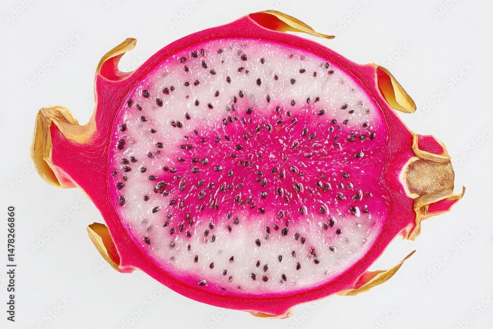 Sliced dragon fruit showcases its vibrant pink exterior and white flesh speckled with tiny black seeds. The intricate patterns and colors highlight the exotic nature of this tropical fruit.