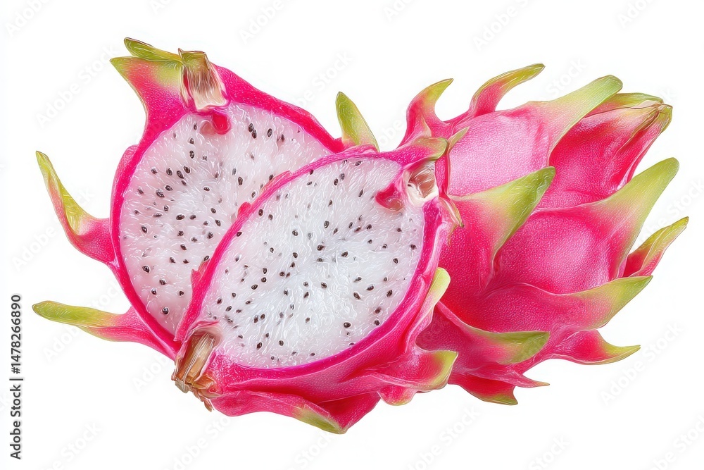 Bright pink dragon fruit, also known as pitaya, showcases its vibrant exterior and juicy interior. The halves, with white flesh and tiny black seeds, are perfect for healthy dishes and desserts.