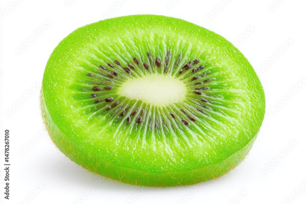 A single slice of ripe kiwi reveals its bright green interior and distinctive black seeds. The smooth texture complements the vivid color, creating an appetizing appearance.