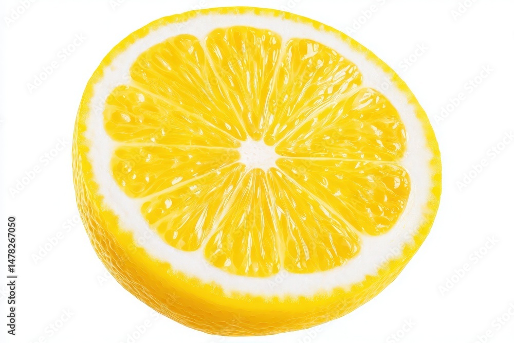 A bright yellow lemon half displays its juicy interior with a smooth surface. The cut reveals a star-shaped pattern of segments, highlighting the fruits freshness and zesty appeal.