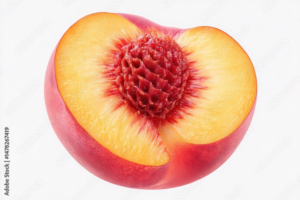 A ripe nectarine is cut in half, revealing its bright orange flesh and distinctive stone at the center. The skin exhibits a reddish hue, highlighting the fruits freshness and appeal.