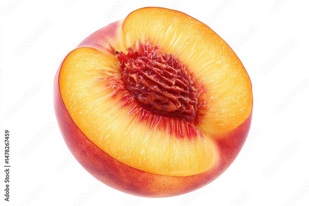 A vibrant peach cut in half reveals its juicy, golden flesh and fuzzy pit. The bright colors and textures showcase its ripeness, inviting taste and enjoyment.