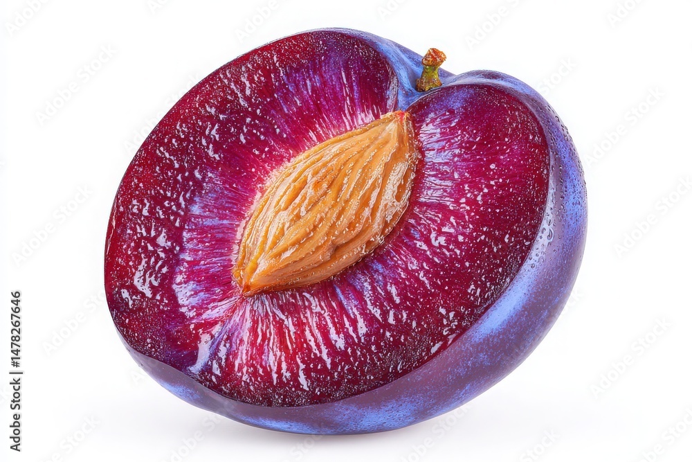 A ripe plum is cut in half, revealing its vibrant purple skin and juicy, golden flesh. The seed is prominently visible in the center, highlighting its natural allure and freshness.
