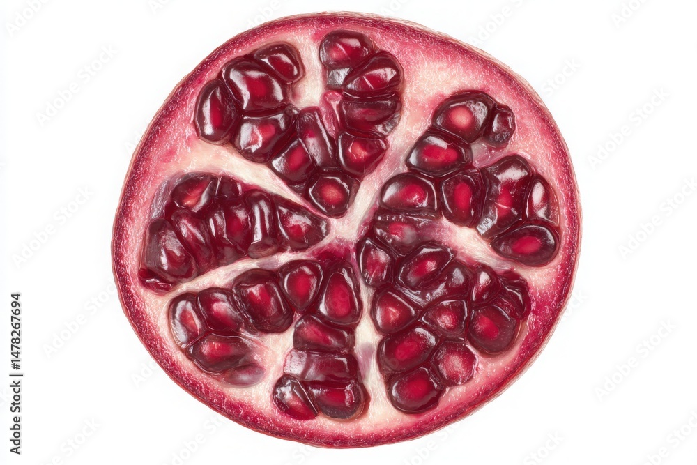 A perfectly cut pomegranate shows its vibrant red seeds arranged in a star pattern. The fruits juicy, glossy texture contrasts with the white background, emphasizing its freshness and natural beauty.
