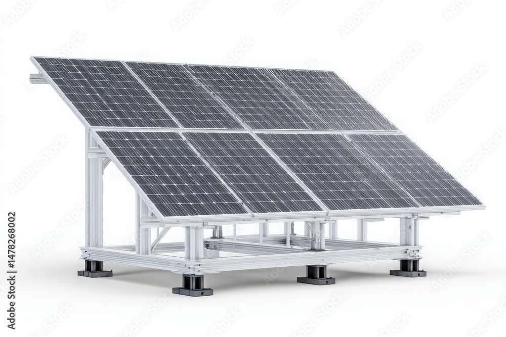 A solar panel array is showcased, featuring multiple solar panels aligned and fixed on a robust frame.