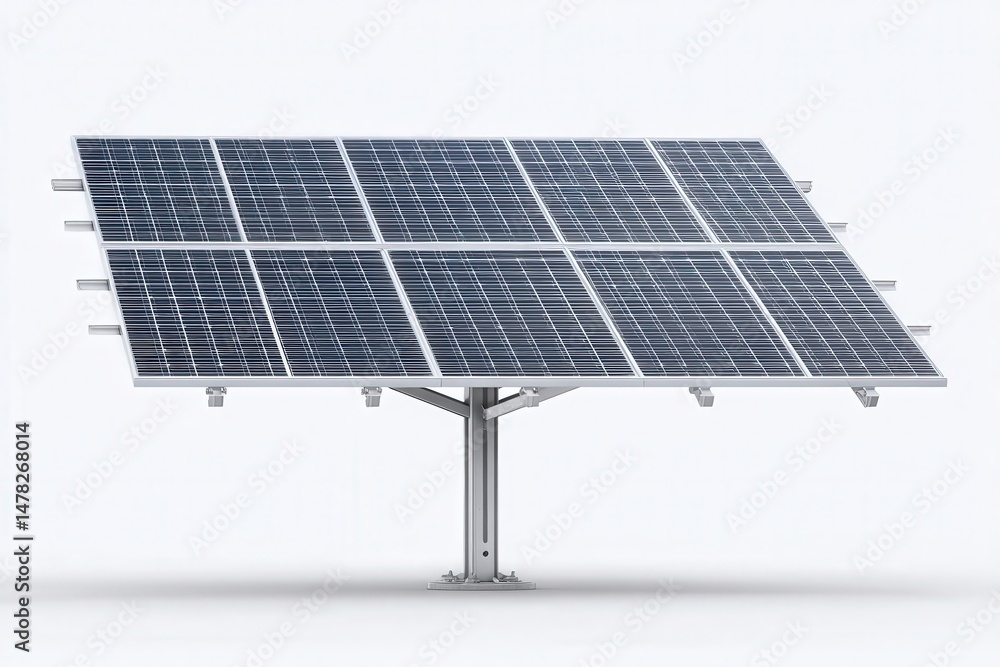 A solar panel array stands under bright daylight, highlighting its advanced technology for harnessing solar energy. The structure is designed for efficiency and sustainability in energy production.