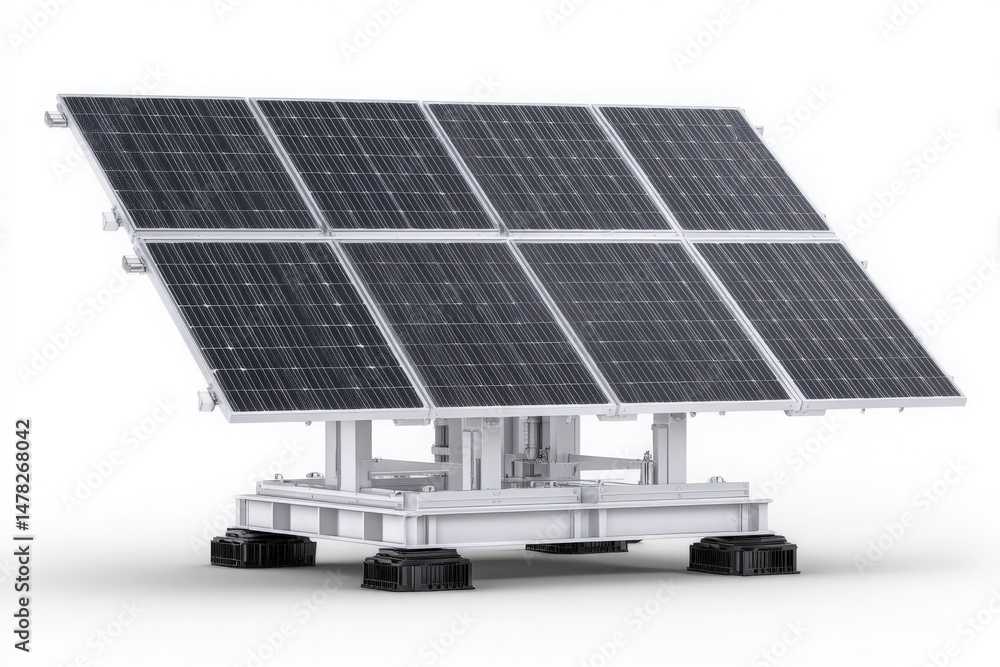A modern solar panel array is displayed prominently, featuring multiple panels angled for optimal sunlight exposure. This structure emphasizes renewable energy solutions and technological advancement.