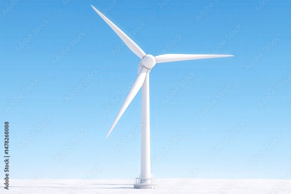 A large wind turbine spins gracefully against a bright blue sky. The surrounding area is covered in white terrain, creating a stark contrast.