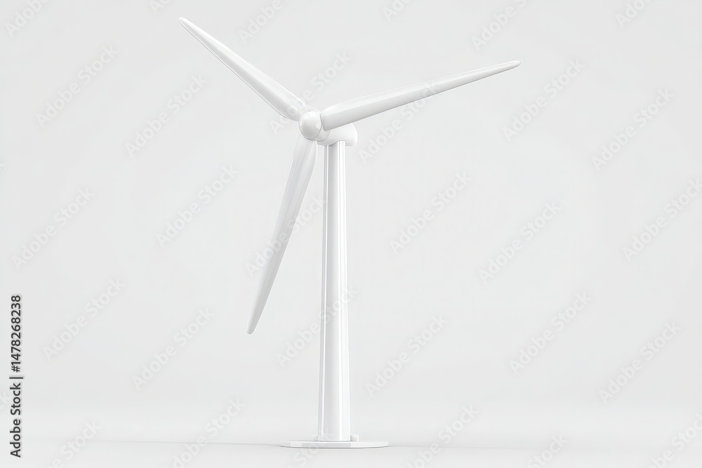 A white wind turbine model stands prominently against a plain background, showcasing its three blades. This representation highlights the focus on renewable energy and sustainability.