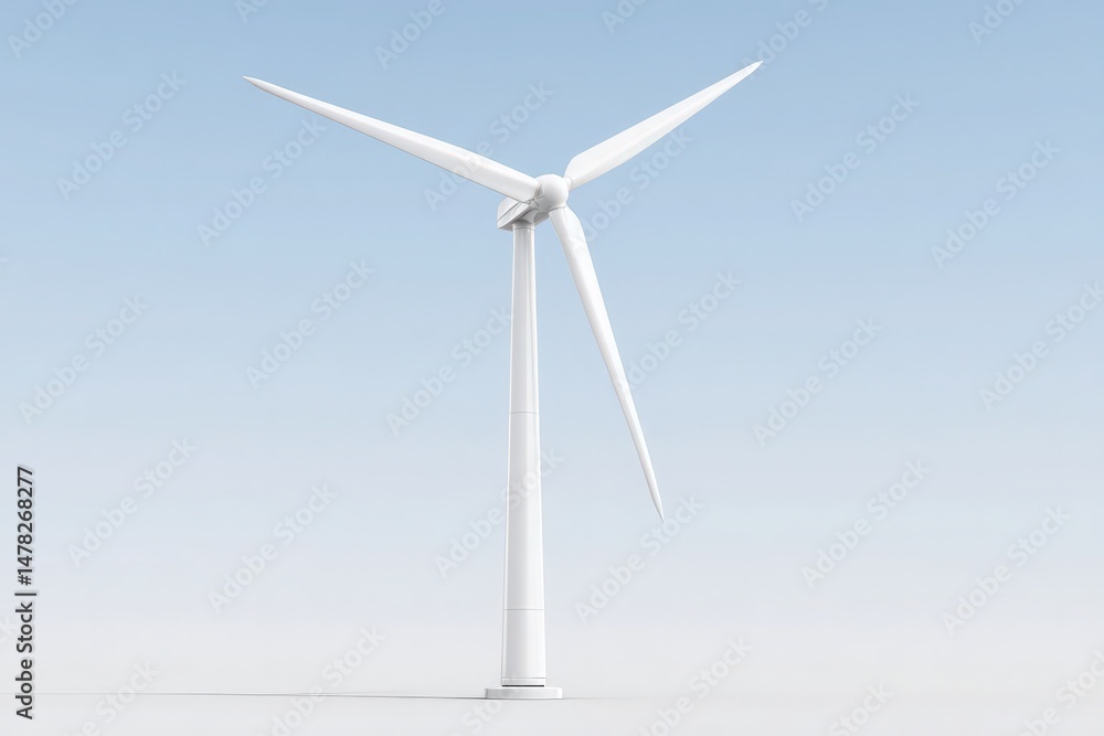 A large wind turbine dominates the landscape with its three blades spinning gently in the wind. The background features a bright blue sky, emphasizing the renewable energy source.