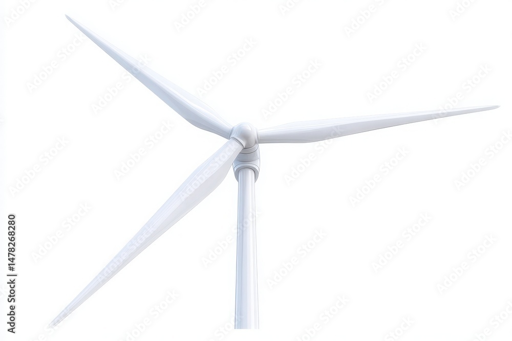 A tall wind turbine stands prominently against a blue sky, its white blades turning gracefully to generate clean energy. The scene highlights the importance of sustainable power sources.