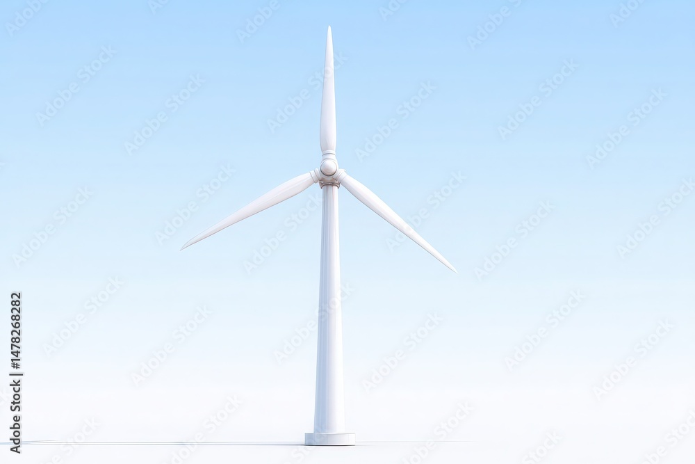 A large wind turbine towers prominently against a bright blue sky, representing renewable energy efforts. The blades rotate gently, harnessing wind power for sustainable electricity generation.
