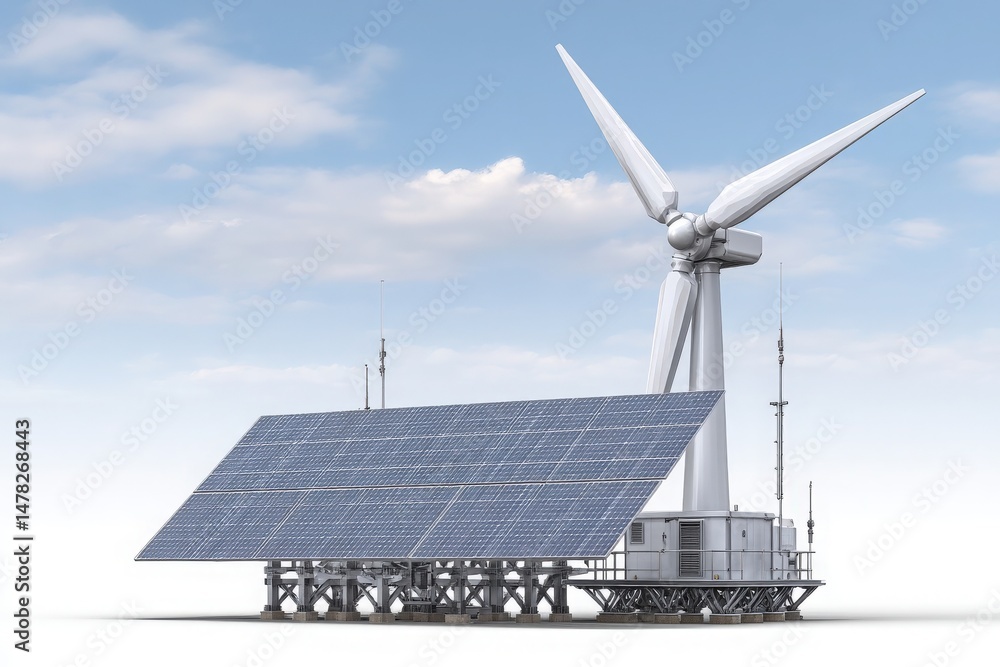 A cutting-edge renewable energy setup combines a wind turbine with solar panels under a clear blue sky. The system aims to harness natural resources for sustainable power generation.