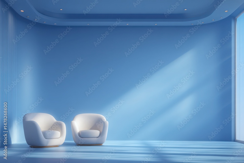Two soft, white armchairs are positioned in a spacious, bright blue room with smooth walls and large windows. Sunlight streams in, creating a serene atmosphere perfect for relaxation.