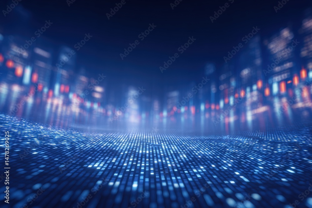 A vivid cityscape illuminated by colorful lights fills the background. The foreground features a digital surface with glowing patterns, representing a futuristic urban environment at night.