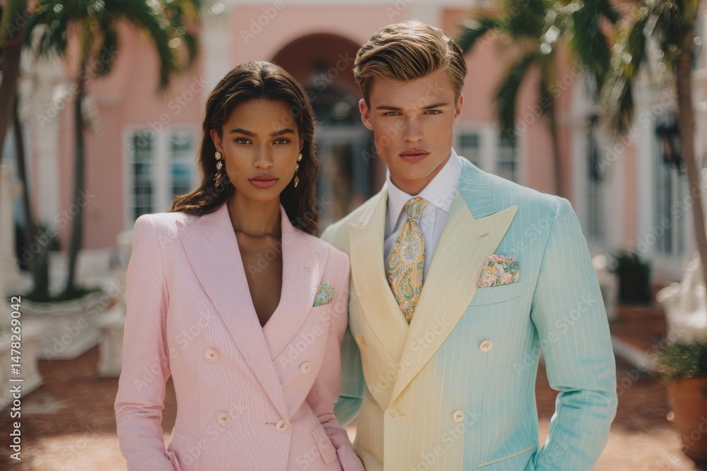 A stylish couple stands side by side in vibrant tailored suits.