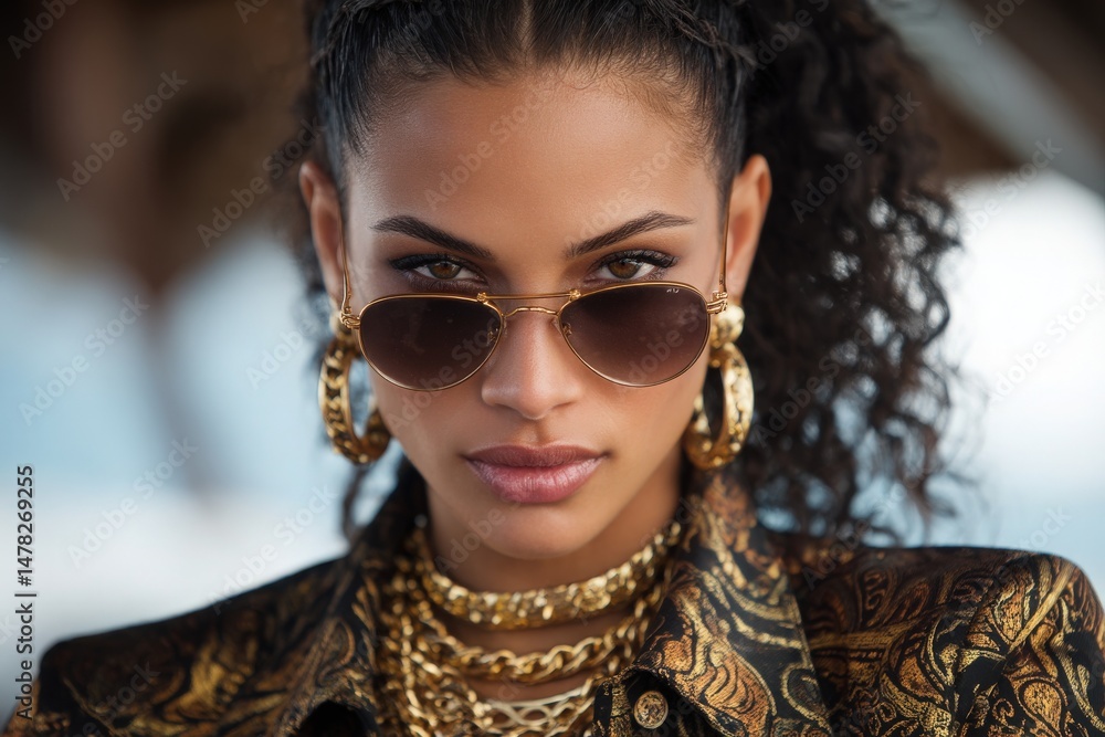 A fashionable woman with curly hair gazes intensely while wearing stylish sunglasses. Her outfit features intricate patterns, complemented by bold gold jewelry, creating a striking look.