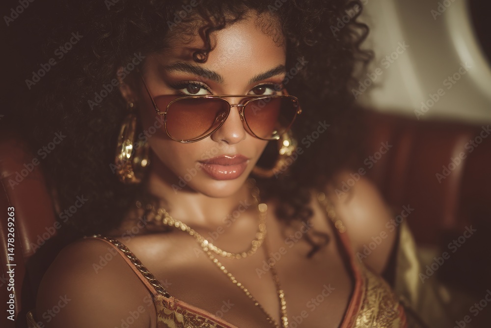 A fashionable woman with curly hair poses confidently while wearing sunglasses. She has a bold presence and accessorizes with large hoop earrings and layered necklaces.