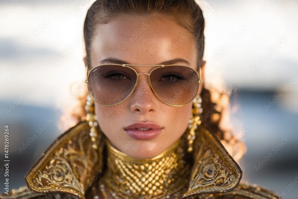 A woman displays striking style with large sunglasses and an elaborate golden outfit. Sunlight glints off her accessories, creating a captivating backdrop near the water during golden hour.
