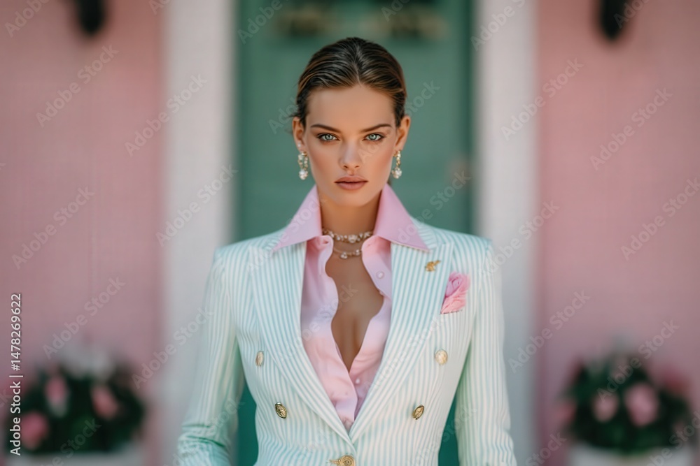 A poised model showcases a fashionable striped blazer with pink details, exuding elegance at a chic outdoor setting adorned with blooming flowers. Bright, cheerful atmosphere enhances the style.