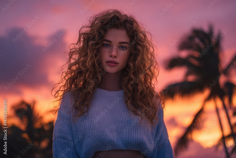 A young woman stands against a vibrant sunset backdrop, showcasing her curly hair and relaxed style. The tropical atmosphere is accentuated by silhouettes of palm trees in the distance.
