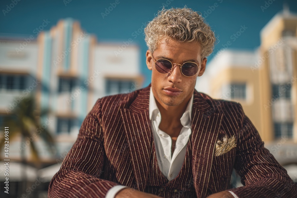 A fashionable man with curly hair and sunglasses sits thoughtfully, dressed in a striped suit. Bright buildings and palm trees create a lively atmosphere under a clear sky.