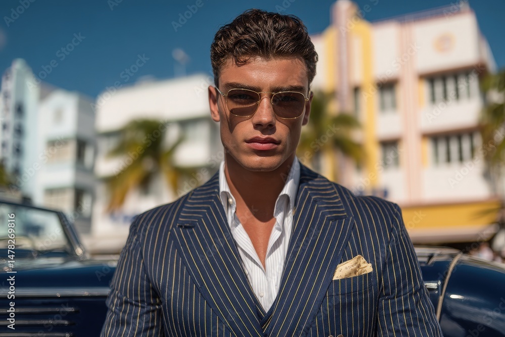 A well-dressed man with stylish sunglasses stands beside a vintage car in a colorful urban environment. Bright buildings and palm trees enhance the lively atmosphere of the scene.