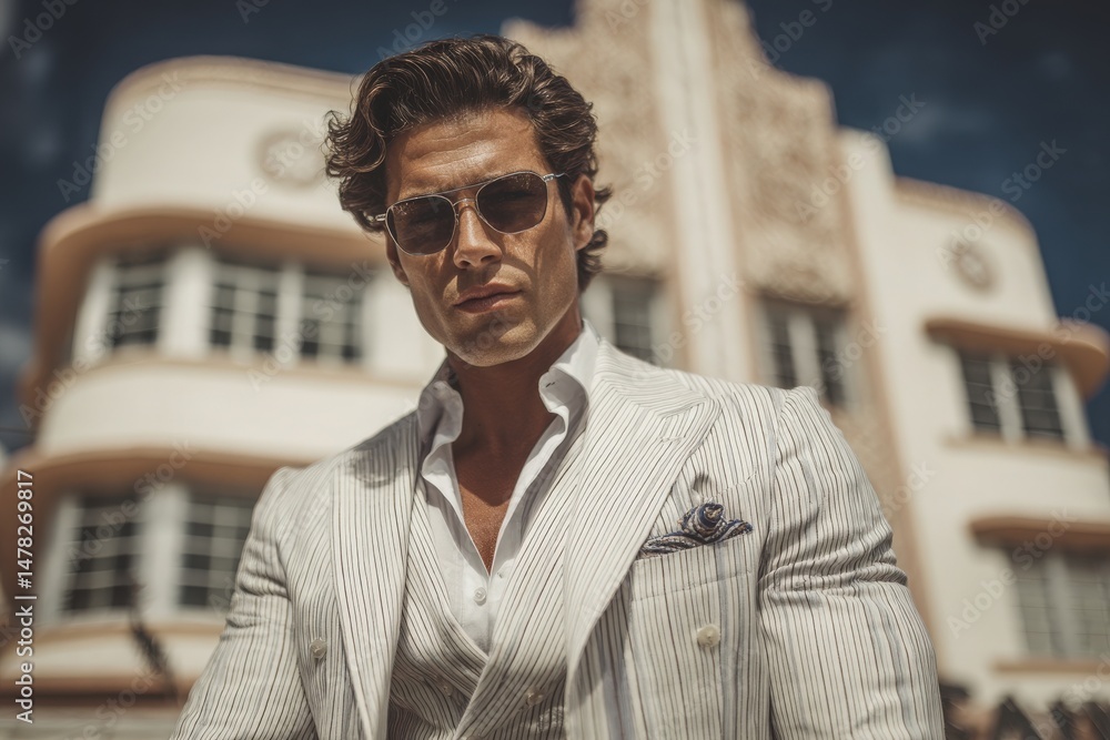 A well-dressed man wearing sunglasses stands confidently in front of a vintage art deco building, showcasing a fashionable white striped suit. The sun casts a striking light on the scene.