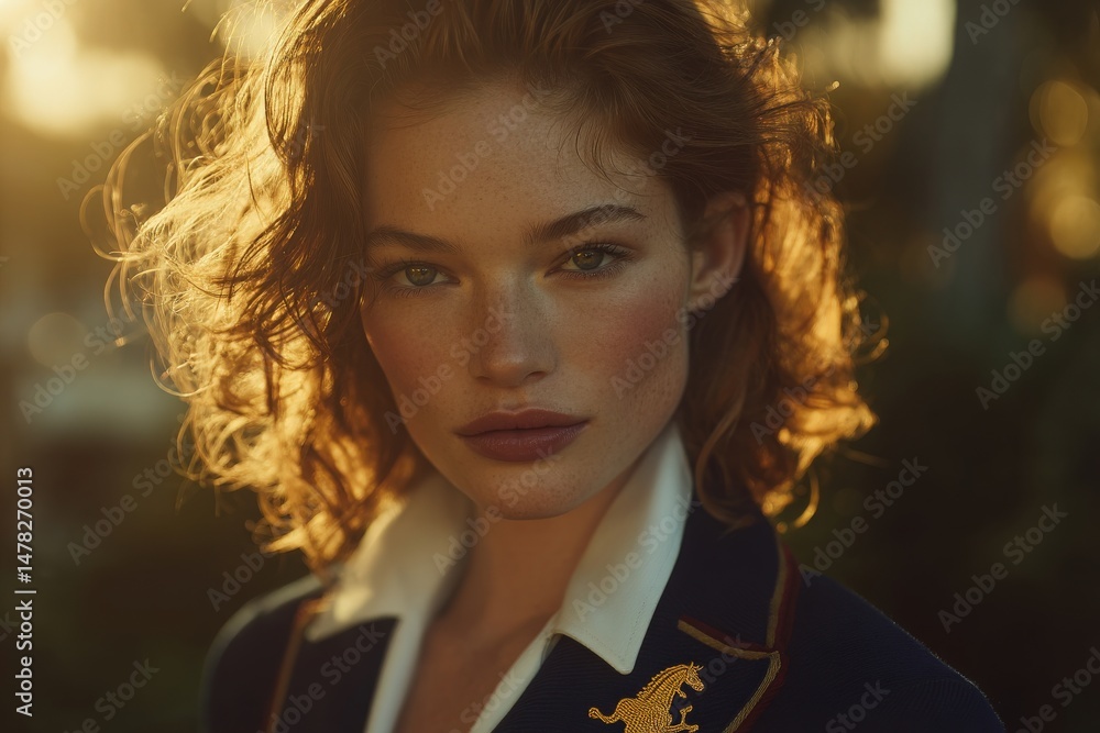 A woman stands confidently in a warm, golden light, showcasing her natural beauty. Her curly hair frames her face, while a stylish blazer adds elegance to her look.