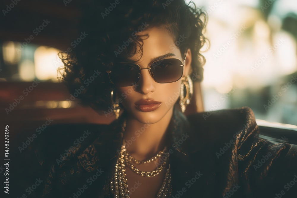 A woman with curly hair and stylish sunglasses sits inside a classic car. The warm sunlight highlights her glamorous look, creating a captivating scene filled with vintage charm.