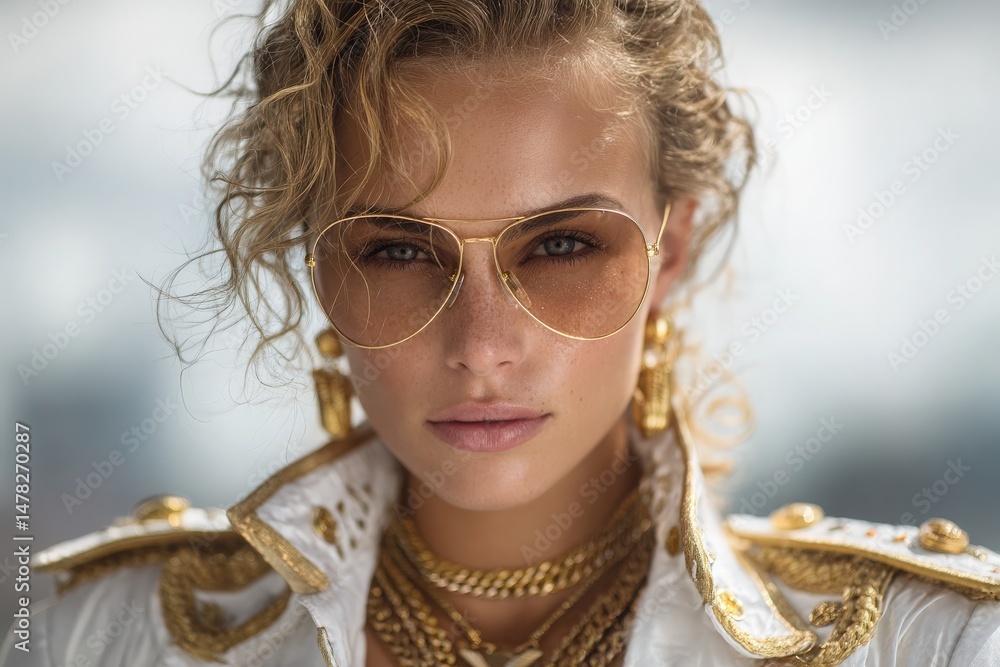 A woman gazes directly at the camera with confidence, showcasing her curly hair and stylish sunglasses.