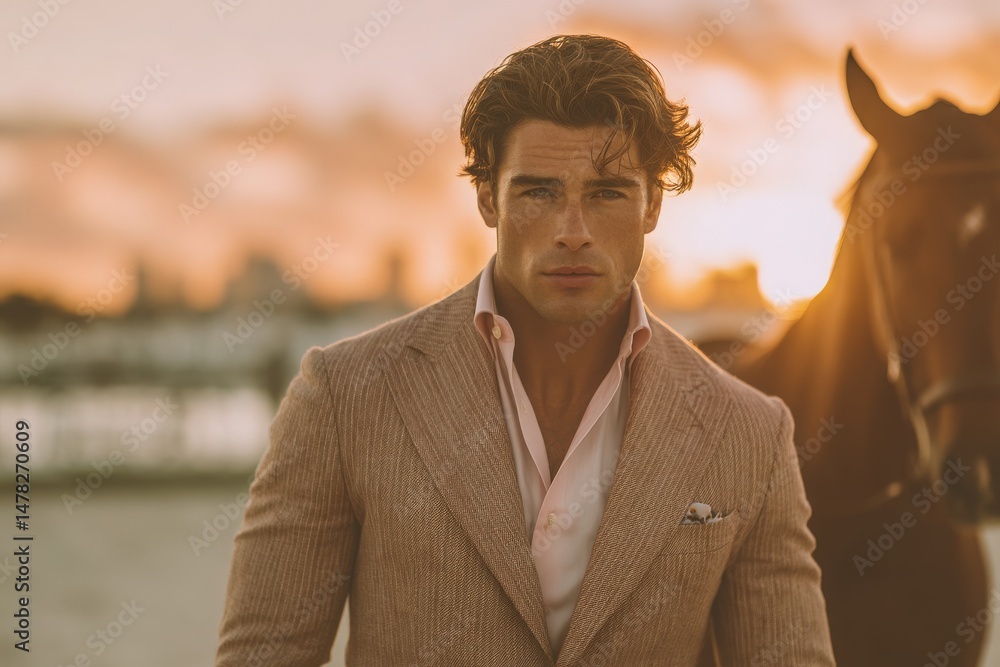 A well-dressed man stands next to a horse, gazing intensely at the camera. The warm sunset casts a golden glow over the scene, highlighting his sharp features and the elegance of his suit.