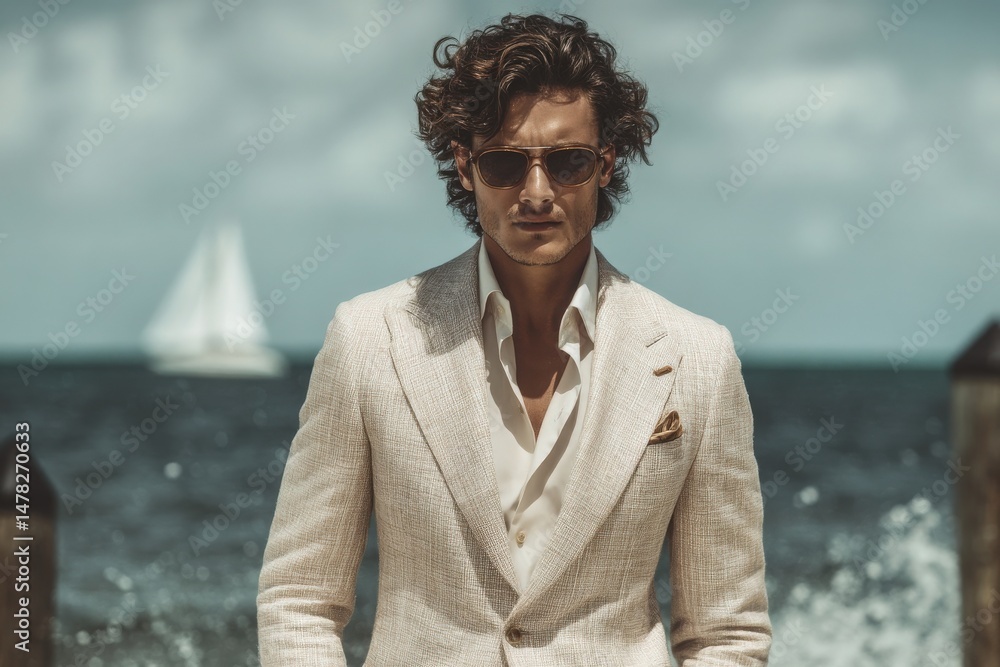 A well-dressed man stands confidently on the shore, wearing sunglasses and a light-colored suit. Behind him, a sailboat glides across the ocean under a clear blue sky.