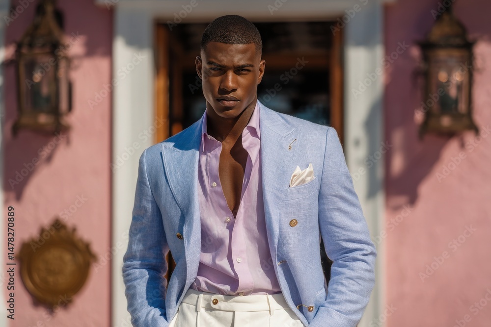 A well-dressed man stands confidently, wearing a light blue blazer and white pants, with a pink building behind him under bright sunlight. The setting exudes a vibrant, fashionable atmosphere.