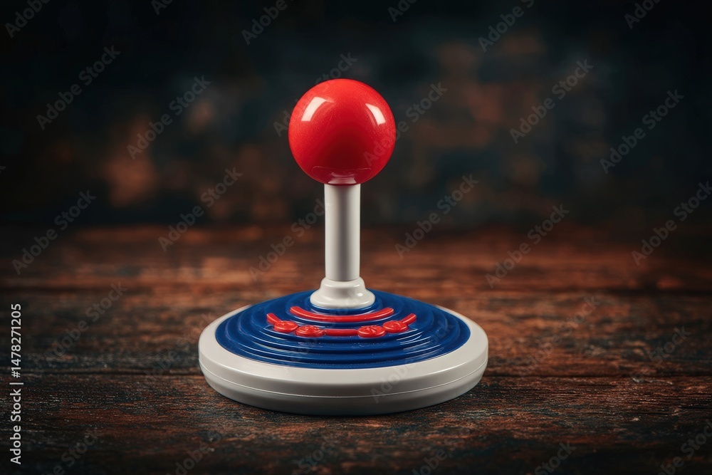 A classic joystick features a bright red ball atop a blue base, resting on a dark wooden surface. The ambient lighting emphasizes its vintage design, evoking memories of arcade gaming.