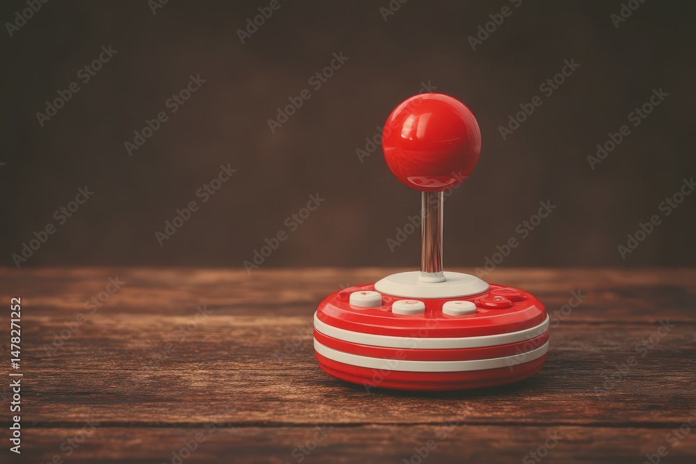 A vintage red and white joystick controller rests on an aged wooden surface. Soft lighting enhances its nostalgic appeal, evoking memories of classic gaming from the past.