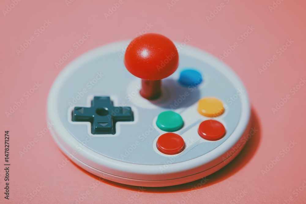 A vintage-style gaming joystick rests on a soft pink background. Bright buttons in various colors contrast with the muted design, evoking feelings of nostalgia and retro gaming experiences.