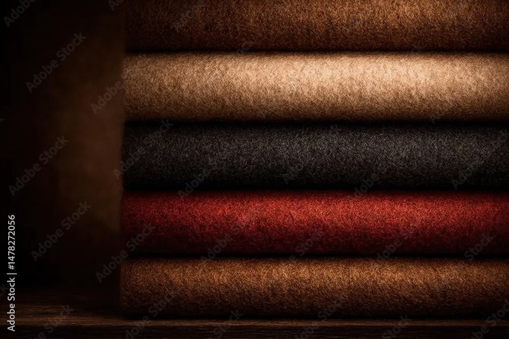 A collection of wool felt fabrics in various warm shades is neatly stacked on a wooden shelf. The textures and colors create an inviting aesthetic, perfect for crafting and design.
